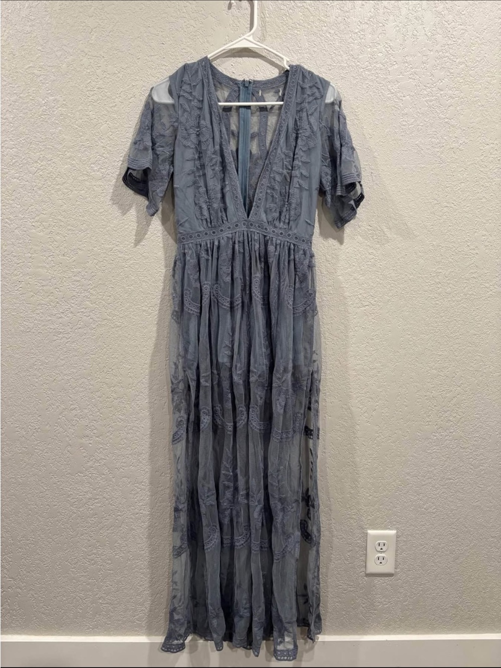Sheer Lace Trim Maxi Dress in Slate Blue